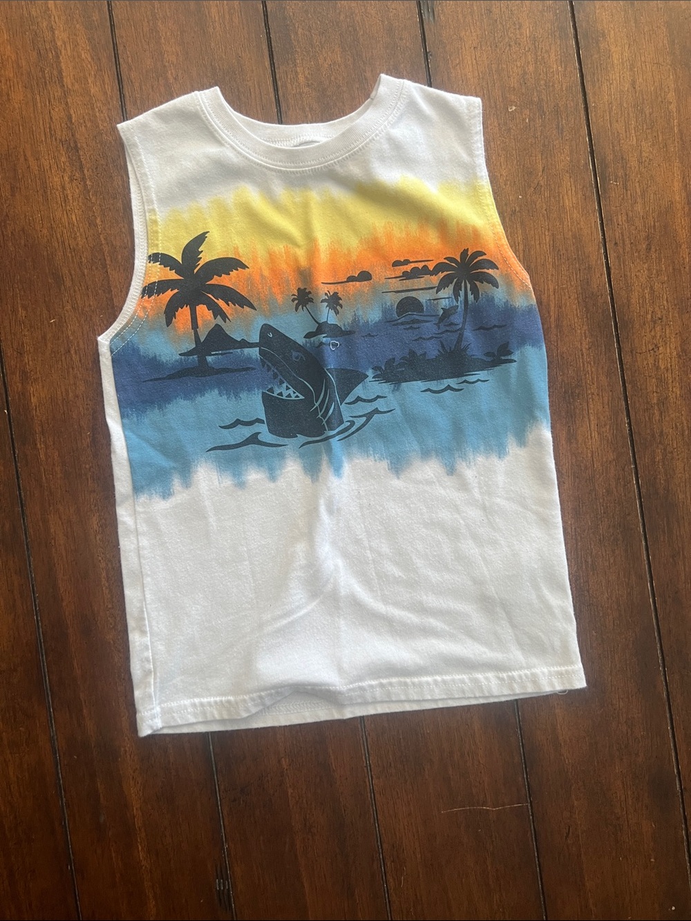 🎉🎉 5 for $20🎉🎉 Sunset Shark Graphic Tank Top - White with Yellow, Orange & Blue